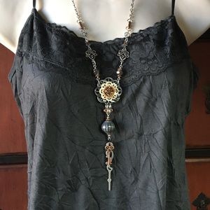 Button Steampunk Y Necklace, Grey and Cream